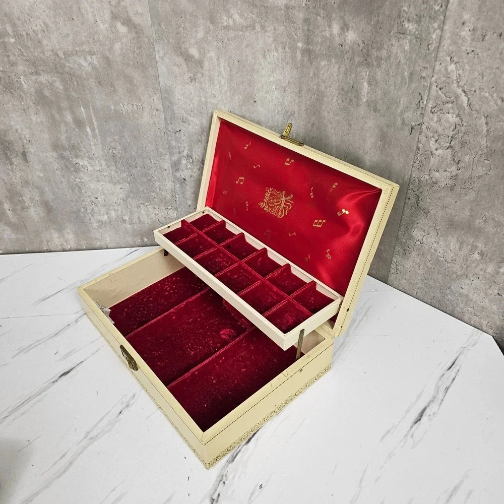 Vintage La Paloma Jewelry Box Cream & Red Velvet Musical Notes Storage Organizer
